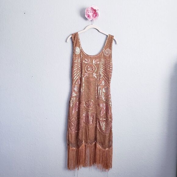 Unique Vintage 1920s Style Bronze Hand Beaded Fringe Bosley Flapper Dress - Picture 2 of 8